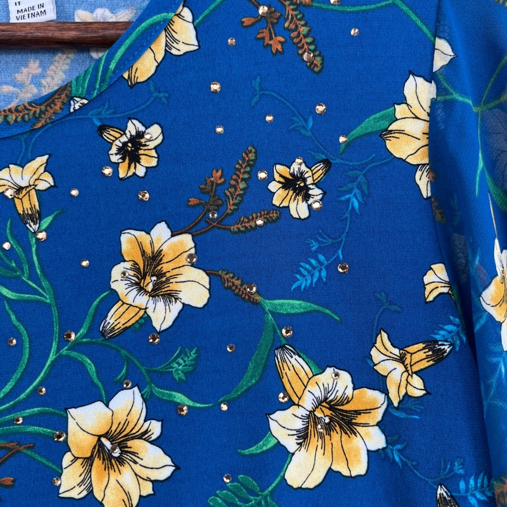 Floral Rhinestone Puff Sleeve Top Womens Medium Blue Sheer‎ Boho Cottage Party - Picture 3 of 12